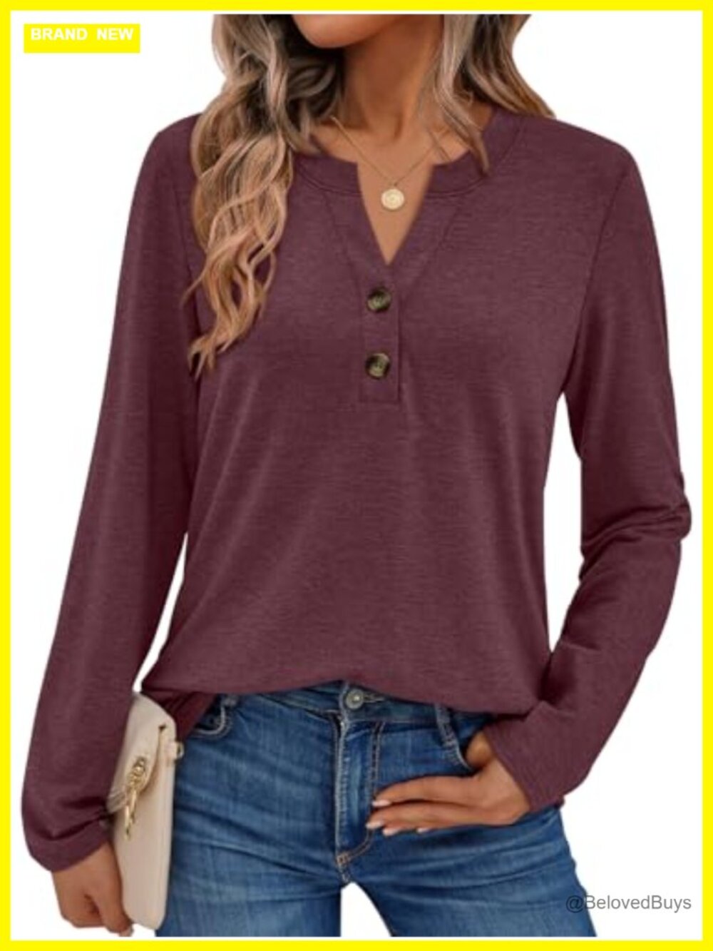 Women's Long Sleeve V-Neck Henley Blouse Loose Fit Dressy Casual Work Top